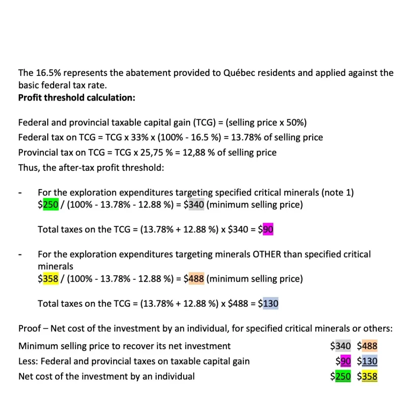 Calculation of the after-tax profit threshold for a $1,000 flow-through share investment for critical and non-critical minerals in 2025.