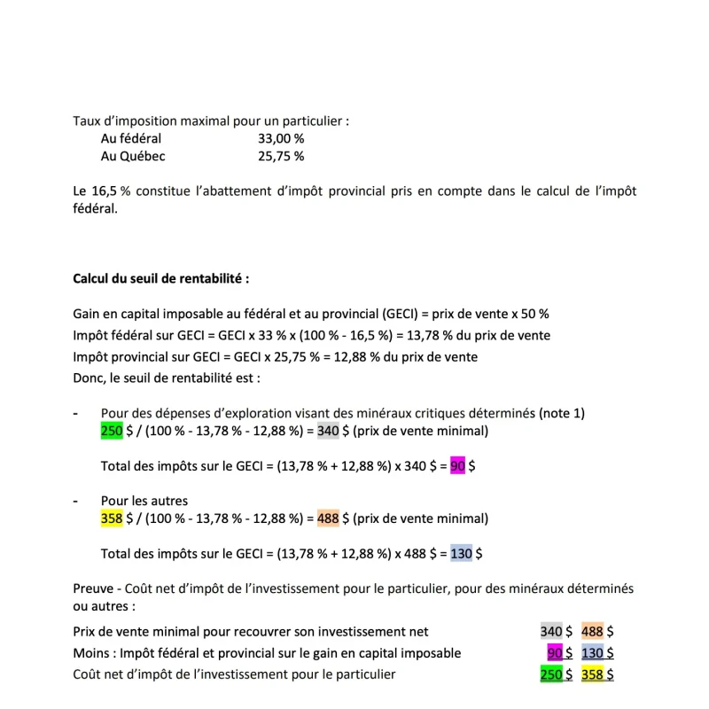 Calcul du seuil de rentabilité pour un investissement en actions accréditives – minéraux critiques vs autres (Québec 2025).